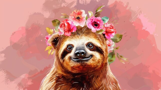   A painting of a sloth with a flower crown on its head, gazing upward at the camera