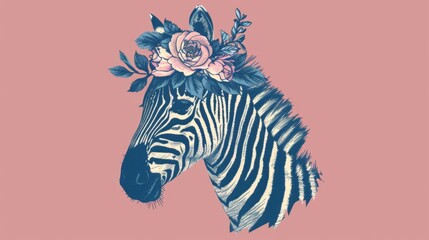 Naklejka premium A zebra with a flower atop its head is featured in this close-up image The scene behind is dominated by a pink wall