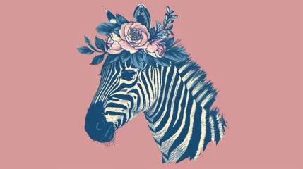    A zebra with a flower atop its head is featured in this close-up image The scene behind is dominated by a pink wall © Shanti