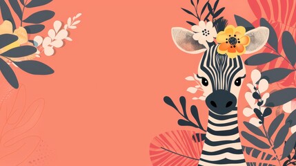 Fototapeta premium A zebra wearing a floral headpiece stands before a coral-hued backdrop, adorned with tropical leaves and blooms