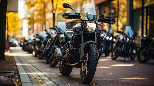 A row of custom motorcycles parked