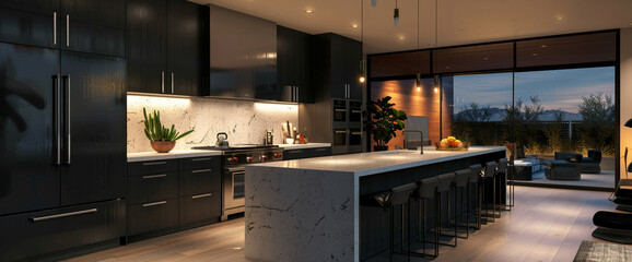 A sleek kitchen with matte black cabinets and a quartz waterfall island, lit by pendant lights.
