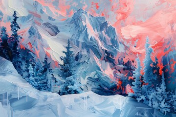 Immerse yourself in an abstract wilderness where psychedelic hues merge with icy landscapes - obrazy, fototapety, plakaty