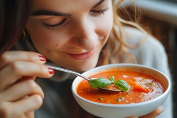 High-definition close-up of a woman savoring a spoonful of velvety, aromatic tomato soup