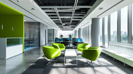 A sleek, contemporary office space with pops of bright green and blue, accented by minimalist...