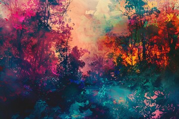 Embark on an abstract journey through the natural world, where psychedelic colors dance amidst serene landscapes - Powered by Adobe