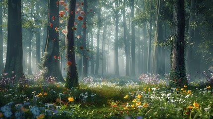 a realistic 8K depiction of a misty forest glade, with delicate woodland flowers carpeting the forest floor beneath towering trees, their vibrant colors contrasting with the muted greens  - obrazy, fototapety, plakaty