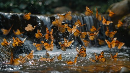   A group of butterflies flying above a stream, with a waterfall serving as the backdrop