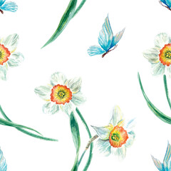 Daffodils, butterfly. Seamless pattern. Watercolor. Hand drawn vector illustration of flowers for cards, invitations, wrapping paper, textile, fabric, covers.