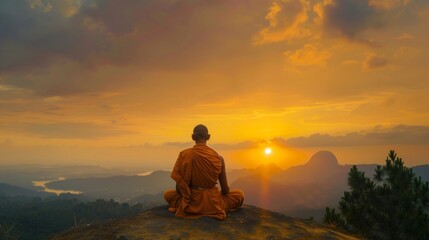 Monk meditating on a mountain at sunrise. Peaceful meditation with a scenic valley view. Concept of Buddhism, spirituality, mindfulness, peace, and dawn serenity.
