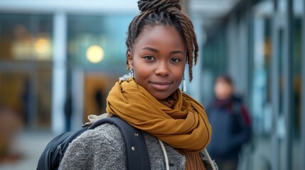 Beautiful Black female student refugee with backpack at university. Smiling woman. Concept of academic aspirations, new beginnings, immigrant education, refugee integration, diversity.