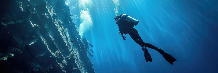 A person in a scuba suit swimming in the vast ocean, surrounded by marine life and colorful corals