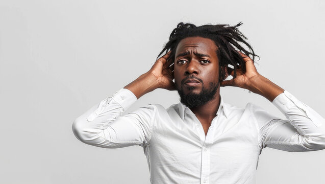 A man with dreadlocks is standing while holding his hands to his ears, appearing distressed or in pain