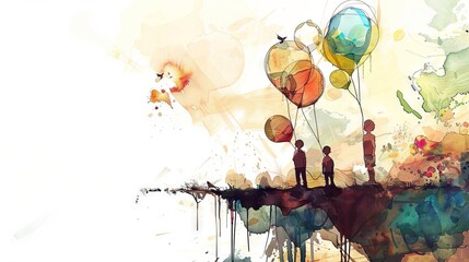 Artwork of a person standing on the edge of a cliff, surrounded by colorful balloons in a landscape with vibrant trees and a clear blue sky. - obrazy, fototapety, plakaty