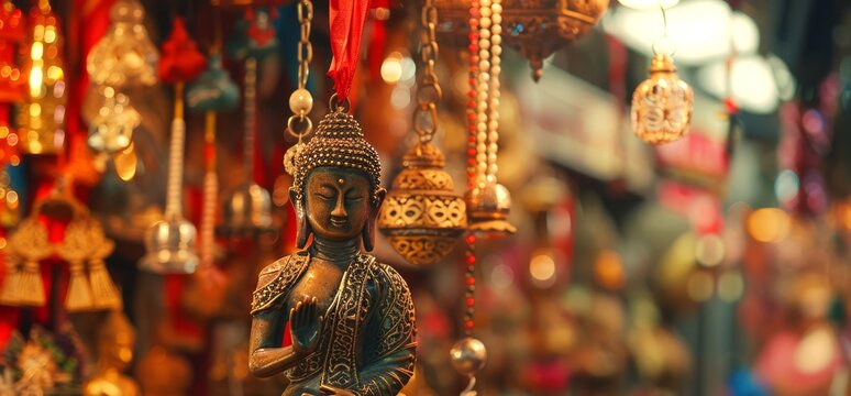 Ornate Buddhist charm exhibited with vibrant hues behind. Traditional Thai amulet for spiritual safeguarding. Concept of religious symbolism, cultural heritage, spiritual accessories, and faith.