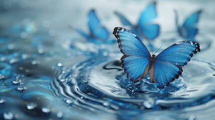 Fototapeta na wymiar A collection of blue butterflies hovering above a water surface, adorned with water droplets beneath