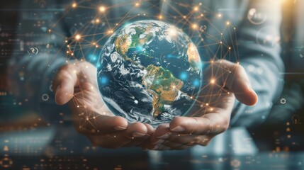 Touch globe and tablet hologram with digital overlay for global communication, world, and business man with touchscreen for future earth, planet, and network connection.