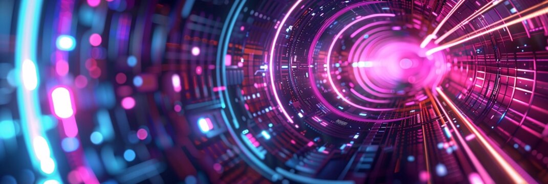 Abstract futuristic digital background with neon light tunnel and circuit board, dark cyberpunk style wallpaper for banner design