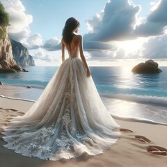 Bride Overlooking the Sea at Sunset
