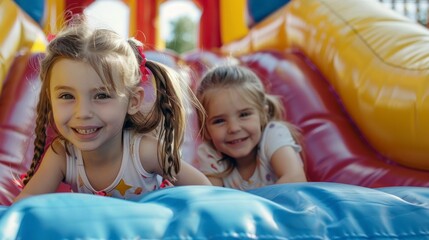 Fototapeta na wymiar Girls playing in a colorful inflatable castle in high resolution and high quality. fun concept, girls, play, jump, friends