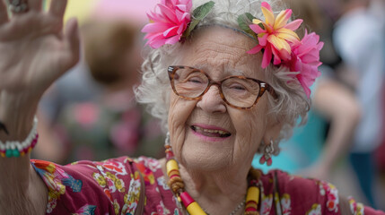 Obraz premium An older woman wearing a vibrant flower in her hair, looking dignified and elegant
