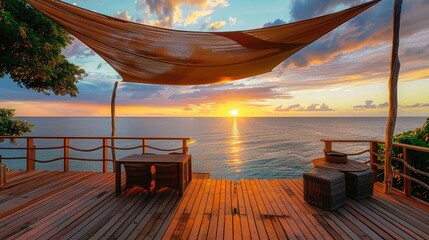 A Romantic Wooden Deck Setup with a Shade Sail for Memorable Sunset Views