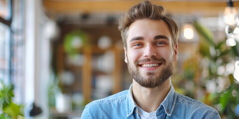 Portrait, businessman, and smiling at office on banner, startup, or workplace bokeh. Face, designer, cheerful professional, creative, and entrepreneur on Brazilian mockup space.