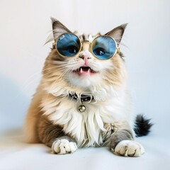 ragdoll cat in sunglasses on white background