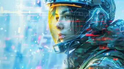 Poster on a clean futuristic background female cyborg in camouflage armor with artificial intelligence future of humanity world order soldier cyberpunk 2077