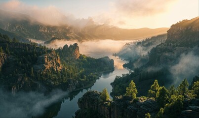 Beautiful mountain view with forests and rocks and river sunset