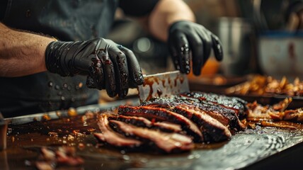 Close-up of person in black gloves slicing barbecued ribs on wooden board