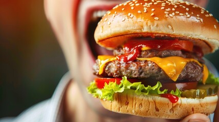 Person eating juicy cheeseburger with fresh toppings - obrazy, fototapety, plakaty