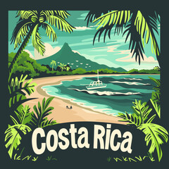A poster of a Costa Rica beach with palm trees and a boat in the water