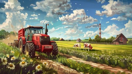 Naklejka premium Procreate vector art style poster agriculture farming field red tractor minimalism village spring. A minimum of rural landscape. Cartoon village farm with cow sheep in wheat field. AI Generated 