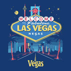 A blue and yellow sign welcomes people to Las Vegas