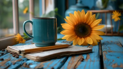 still life with blue coffee cup, notebook, pencil and yellow sunflower on rustic old painted wooden table near the window. 