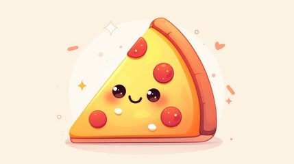 A delightful and charming pizza slice with a cute Kawaii style design featuring a happy and smiling expression in a flat cartoon 2d illustration Perfect for fast food lovers this icon stands