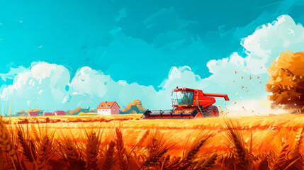 Obraz premium Red combine harvester harvests ripe wheat in a large wheat field. Agricultural activity, excellent harvest at sunset. Poster yellow wheat field combine harvester minimalism village harvest 