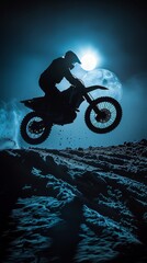 Naklejka premium Night, sky, silhouette, motorcycle rider in nature, extreme sports mockup. Bike, motorbike, dirt road driver, dark and shadow, stunt or adventure, freedom