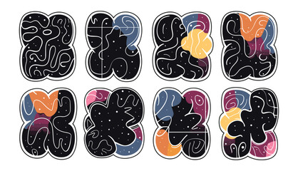 バブルの抽象的な形のステッカー パック。ファンキーなバルーン有機要素アイコンは、トレンディなレトロな y2k スタイルにサインインします。漫画落書きベクトル イラスト白背景に分離されました。
