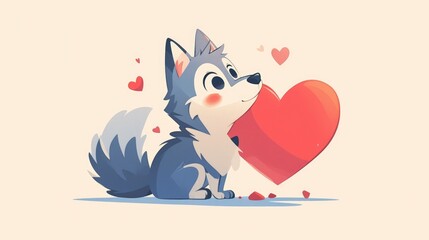 2d illustration of an adorable cartoon wolf seated next to a heart