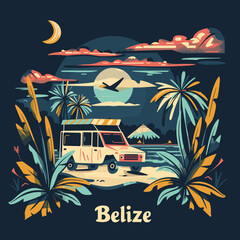 A colorful drawing of a car and a bird in front of palm trees with the word Belize written below.