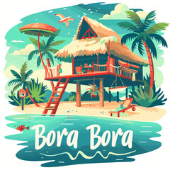 A tropical Bora Bora island with a small house and a boat