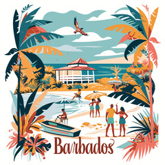 A colorful painting of a Barbados beach scene with people and umbrellas