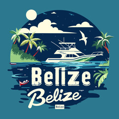 A blue poster with a boat and palm trees on it Belize - obrazy, fototapety, plakaty