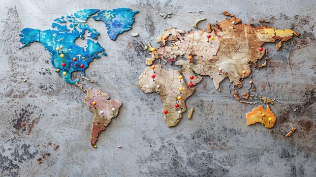 World map on rustic surface with location pins