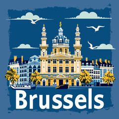 A blue and yellow poster of a Brussels city with a large building in the center