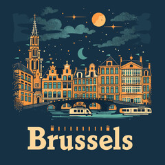A blue and orange poster of a Brussels city with a bridge and a moon