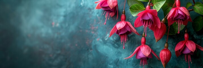 red, pink fuchsia flowers on turquoise colour wall background. 