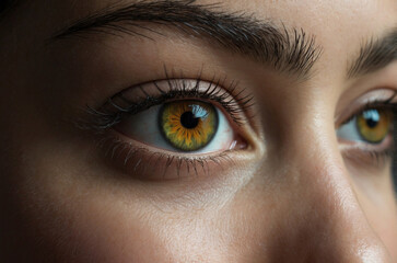 Primer plano de ojos verdes con detalles amarillos y pestañas largas.
